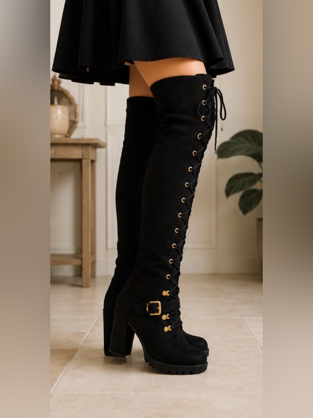 Shoe Dazzle Black Over-the-Knee Lace-Up Heeled Boots